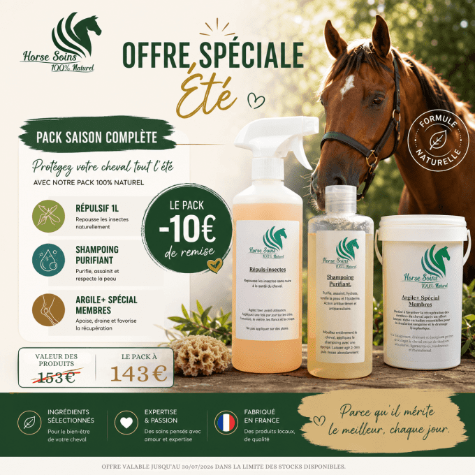 Pack Offre Spéciale Été Horse Soins comprenant un répulsif naturel pour cheval, un shampoing purifia